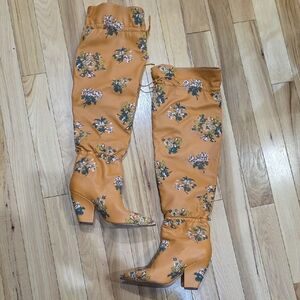 Tory Burch Floral Embroidered Tan Over the Knee Boots